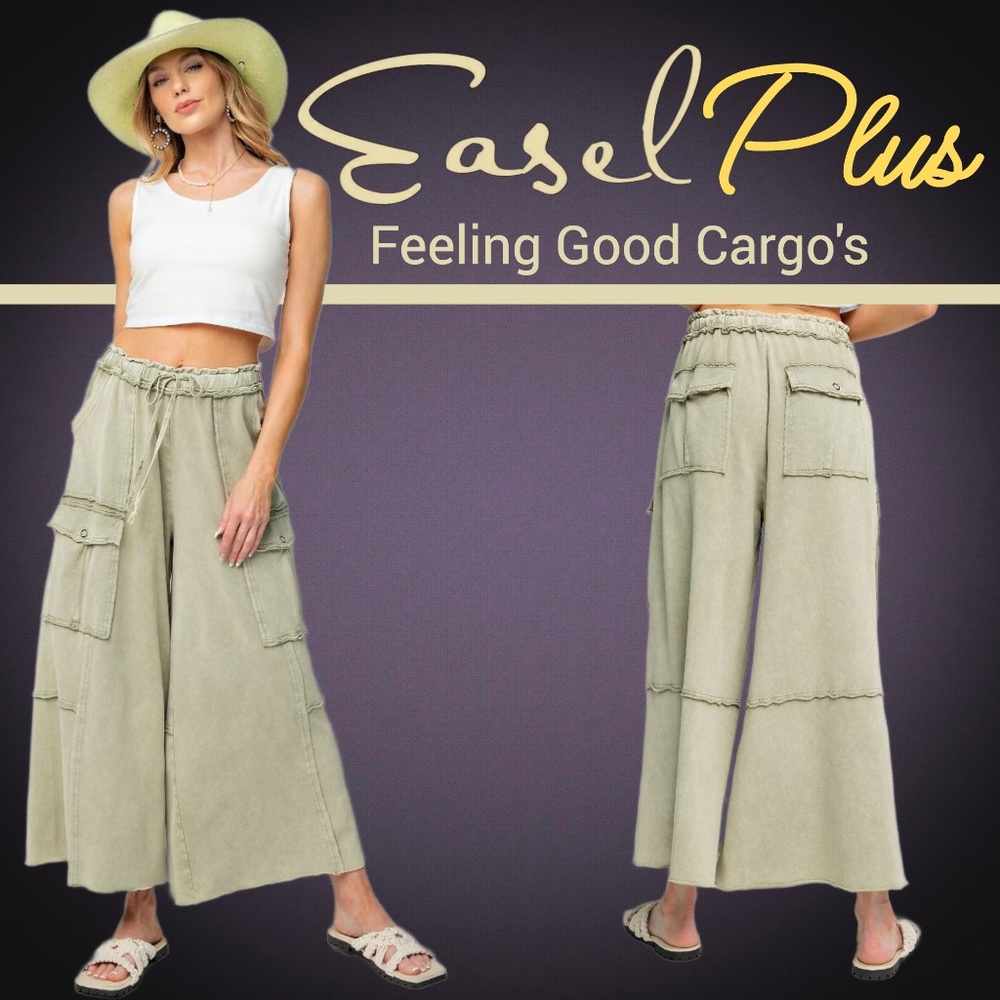 EASEL “Feeling Good Cargos” Mineral Washed Flared Leg, Raw Seams & Hems, Pockets
